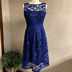ELLEN TRACY embroidered royal blue LACE overlay dress fit and flare / pleated 4